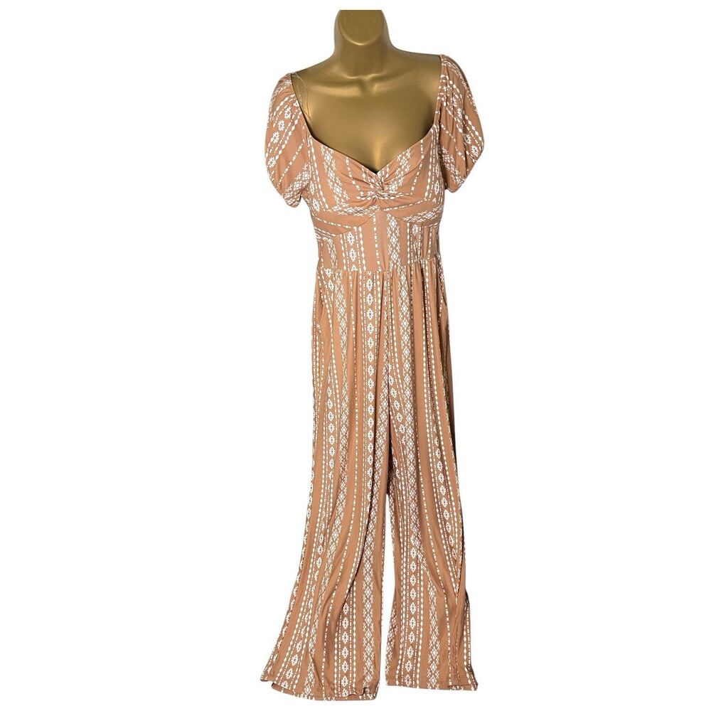 Derek Heart Puff Sleeve Relaxed Straight Leg Jumpsuit Padded Tan L Juniors